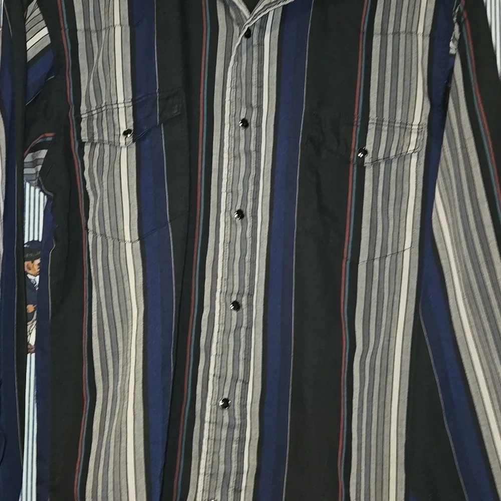 Vintage Wrangler Single Needle Striped Men's Shirt - Black and Gray Pearl Snap